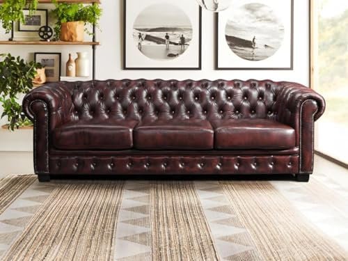 Linea Sofa Chesterfield Ledersofa 4-Sitzer - BǬffelleder - Rotbraun - Brenton