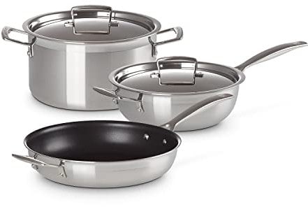 LE CREUSET 3-Ply Stainless Steel 3-Piece cookware Set, Contains: 28cm Non-Stick Frying pan, 24cm Chef's pan with Lid and 24cm Deep Casserole with Lid