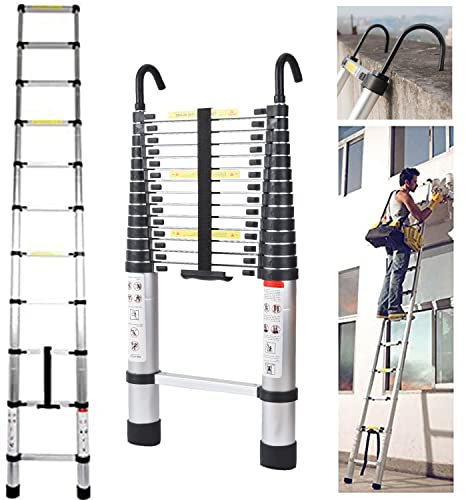Scala telescopica da 5 m, con 2 ganci rimovibili, portatile, scala pieghevole in alluminio, telescopic Ladder EN131 per Attic/Attico 150 kg, carico (colore originale argento)