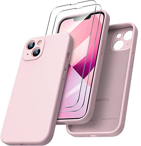 ORNARTO kompatibel mit iPhone 13 Hülle, mit 2 x Schutzfolie flüssigem Silikon Gel Ruber Case Rundumschutz stoßfeste Handyhülle für iPhone 13 Rosenpulver