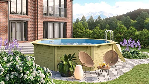CHILLROI® Achteckiger Holzpool, 427,5 x 427,5 x 124 cm, Modell 1 X Folie blau Inkl. Zubehör und Pool Leitern