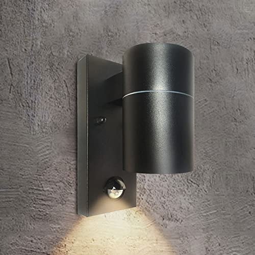 EXTRASTAR Outdoor Wall Lights PIR Motion Sensor, GU10 Base Down Exterior Wall Sconce, IP44 Stainless Steel Black Single Wall Light for Garden, Patio, Balcony, Porch, Garage(Bulb not Included)