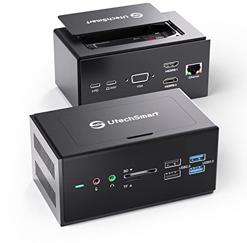 UtechSmart Docking station universale 15 in 1 USB con alloggiamento SSD, docking station USB C con doppia HDMI, VGA, PD3.0, SD/TF, RJ45, audio e micro; porte USB, per computer portatili Mac e Windows