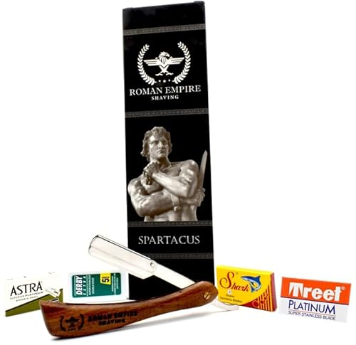 Razor Blades Club Roman Empire Shaving Spartacus Rasiermesser, professioneller Friseurrasierer für Bart und Konturen mit 20 Klingen (Astra-Derby-Shark-Voskhod) (Holz, 1 Einheit (1 Packung)