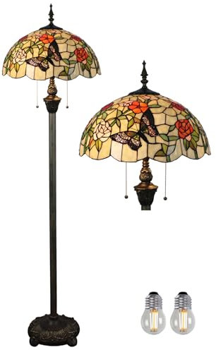 Kinbolas Stehlampe Tiffany Style 16 Zoll Retro Schmetterling Blume Buntglas Lampenschirm leselampe Vintage stehende lampe Boho Art Deko Schlafzimmer Wohnzimmer standleuchte- Pedal Switch(Color:B-7)