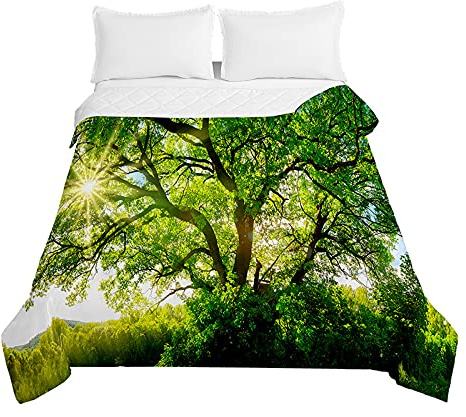 Odot Steppdecke Tagesdecke Wald Landschaft Druck Gesteppte Bettüberwurf für Doppelbett Einzelbett Kinder Bettdecke Stepp Decke Tagesdecken Wohndecke Alle Jahreszeiten (150x200cm,Grüner Blatt)