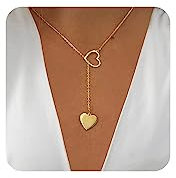 FUNEIA Kette Gold Damen 14K Vergoldete Modeschmuck Kette Lang Y Kette mit Herz Perlen CZ Anhänger Wasserfeste Verstellbare Ankerketten Tropfen Halskette Gold für Frauen Schmuck