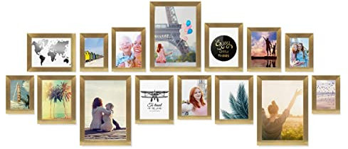 PHOTOLINI Bilderrahmen Set Gold, Fotorahmen Holz MDF, 15er Bilderrahmenset Wand Collage, photo frames for wall mit Acrylglas aufhängen, goldene Bilderrahmen Set verschiedene Größen mit Zubehör
