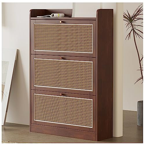 ZORZA Rattan-Schuhschrank mit 3 Klappen Schuhregal Schuhkipper Schuhkommode Schuhablage für 24 Paare Natur Gummi-Holz 83 x 24 x 120 cm,Dark Brown