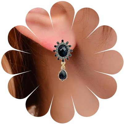 Cimenexe Böhmische Schwarze Onyx Ohrringe - Halo Ohrstecker Gothic Teardrop CZ Schwarz Baumeln Strass Schmuck für Frauen und Mädchen Geschenke
