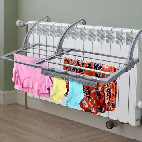 EPISENT Extendable Radiator Clothes Airer | Space-Saving Drying Rack for All Radiator Types | 20x38x78cm | 7 Bars | Ideal for Clothes, Socks, Underwear Drying (Grey)