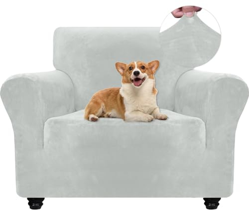 Ystyle Samt Sofabezug 1 Sitzer, Stretch Sofa Überzug, Sofaschoner rutschfest, Elastischer Couch Überzug, Sofa Cover Mit Armlehnen, Sesselschoner Sofaschutz Katze Sesselbezug, Splittergrau