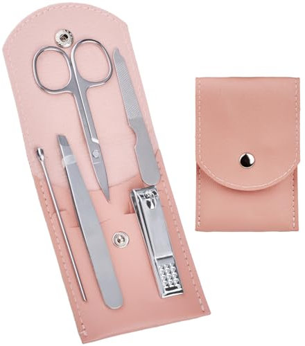 HANTEKAS Reise-Maniküre-Set, professionelles Nagelknipser-Set, 5-teilig, Edelstahl, Maniküre-Set, für Damen und Herren, mit Nagelpflege-Werkzeugen, Schönheitsschere, Pinzette (Silber-Rosa)