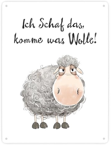 Schaf Metallschild XXL in 28x38 cm mit Spruch Ich Schaf das komme was Wolle Witz flauschig Motivation Freundschaft Kraft Cartoon Wortwitz