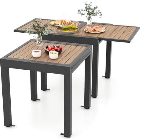 COSTWAY Gartentisch Aluminium ausziehbar, 80/160x80cm, wetterfester Esstisch mit Tischplatte in Holzoptik, rechteckiger Terrassentisch für 4-6 Personen, Ausziehtisch für Garten, Terrasse