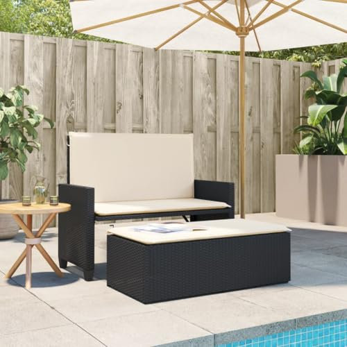 Gecheer Gartenbank mit Kissen und Fußhocker Sitzbank Outdoor Bank Terassenbank Parkbank Rattanbank Außenbank Gartensofa Rattansofa Gartenmöbel Balkonbank Schwarz Poly Rattan