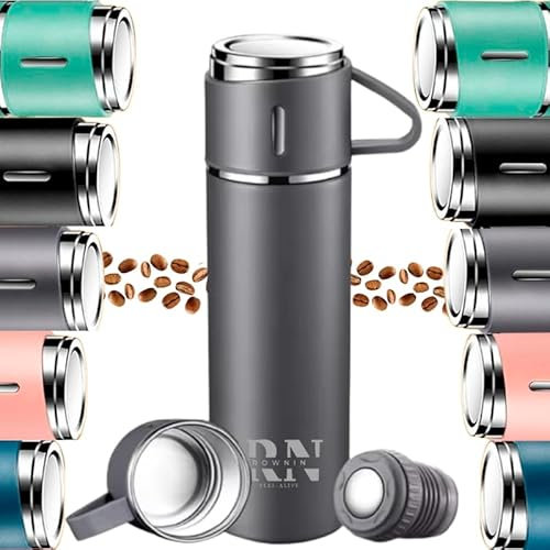 Termo Rownin Cafe Acero Inoxidable 304-18 horas - 500ml - Botella Termica a Prueba De fugas Aislamiento Antigoteo - Bebidas Calientes Por 18 Horas y Frías Por 18-3 Tazas De Recambio (Gris)
