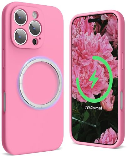 SURPHY Magnetic Design for iPhone 16 Pro Case, Liquid Silicone Protection for Each Lens Shockproof Gel Rubber Phone Case for iPhone 16 Pro 6.3 inch 2024, Pink
