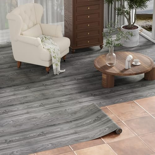Homease PVC Flooring, Self-Adhesive Wood Look, Vinyl Flooring, Waterproof Cuttable Vinyl Flooring, Floor Sticker for Bed Room, Kitchen, Living Room, 60 x 500 cm, Dark Grey