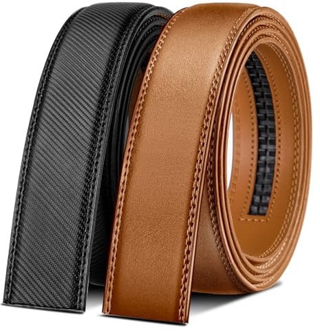 BULLIANT Gürtel Herren 2er, Ledergürtel Automatikschließe Ratsche Gürtel Anzug 35mm,Ohne Schnalle,Größe Angepasst(Schwarz/Orange Braun,160cm/44-56 taille verstellbar)