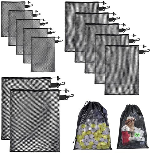 Ksvaye 12 Pièces Sac en Maille en Nylon avec Cordon de Serrage Sac en Filet avec Clip Sacs de Rangement en Maille Noire pour Voyage, Jouets de Plage, Natation, Pêche (3 Tailles)