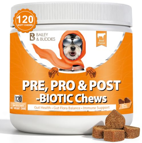 Daily Probiotics for Dogs - 120 Beef Flavored Soft Chews with Natural Pumpkin Powder for Healthy Gut & Sensitive Tummy. Reduces Scooting, Loose Stools, Smelly, Itchy Ears for Small, Medium, Large Dogs