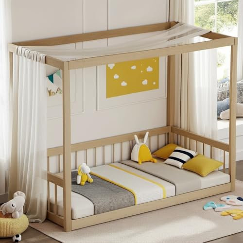 PVWIIK Doppelbett, Baldachin, Bodenbett mit Zaun für Mädchen und Jungen, Montessori-Bodenbett mit Sicherheitsgeländern für Mädchen, Jungen, kein Boxspringbett erforderlich, natürlich