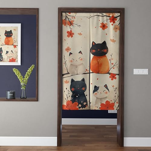 ChangTsing Japanischer Stil dick Leinen Noren Lang Vorhänge 70 x 150 cm Baumwolle und Leinen Japanischer Türvorhang Süße Katze - 5 für Küche, Schlafzimmer, Badezimmer