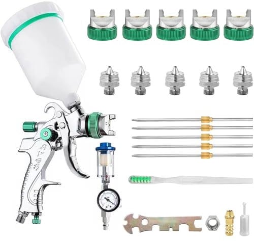 Hanured® HVLP Pistola de Pintura, con 5 boquillas 1,4/1,7/2,0/2,5/3,0mm y regulador de presión de Aire, Pulverizador de Pintura 600ml para Paredes, Automoción, Mejoras del Hogar