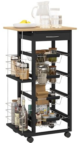 HOMCOM Carrito de Cocina con Ruedas Carrito Multiusos con Cajón 4 Cestas Extraíbles de Metal y Bastidores Laterales 47x37x83 cm Negro y Madera Natural