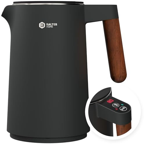 BALTER Edelstahl Wasserkocher mit Temperatureinstellung, 45°C-100°C, Doppelwand, BPA frei, leise & kabellos, Warmhaltefunktion, Teekocher mit Temperaturanzeige, 1.5L, 2200W, Schwarz (Titanium Gray)