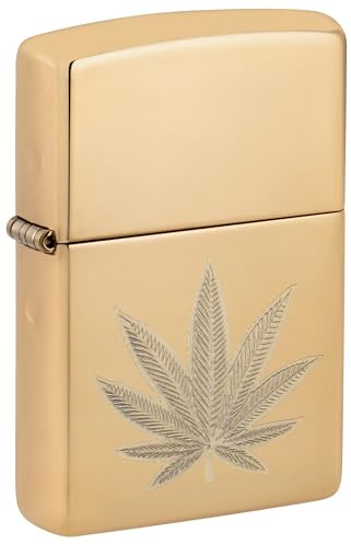 Zippo Sturmfeuerzeug - Cannabis Leaf, High Polish Brass, Double Lustre - Nachfüllbar - Wiederverwendbar - Windfestes Design - Geschenkbox - Made in USA