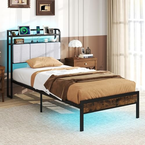 COSTWAY Single/Double/King Size Bed Frame with RGB LED Lights, Charging Station and Upholstered Storage Headboard, Industrial Metal Slats Support Platform Bed Base Mattress Foundation (3FT Single)