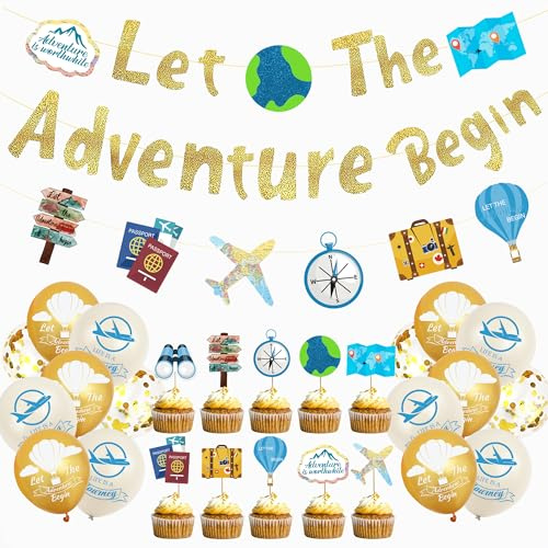Bon Voyage Party Decorations Banner - 27 Pcs Gold Let The Adventure Begin | Banners Luggage Maps Cupcake Toppers For Retirement Graduation Leaving Travel Going Farewell Themed Party Supplies