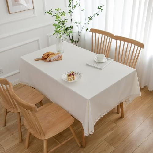 Baumwolle Leinen Tischdecken Rechteckig 140x250 cm Abwaschbar mit Spitze, Tischtuch Lotuseffekt Einfarbig Tischwäsche Weiss für Küche Party