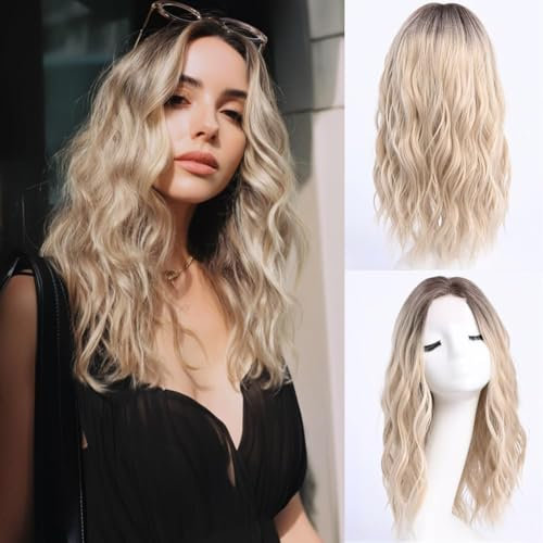 YaissmyLu Mittellang Ombre Blonde Gewellte Perücken 45 cm Mittelscheitel Blonde Gewellte Perücke Mittellange Synthetische