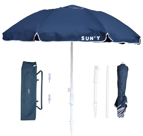SUN'Y Escapes Strandschirm, windabweisend, mit Sandanker und Neigung, UPF 50+ recycelter Ozean-Bindungsstoff, tragbar, mit Tragetasche