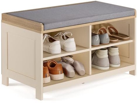 VonHaus Shoe Storage Bench with Padded Seat - Cream Hallway Bench & 4 Open Shelves - Multifunctional Hall Footwear Unit with Wood Effect Top - Storage Solutions for Entryway & Porch - Ash Hall