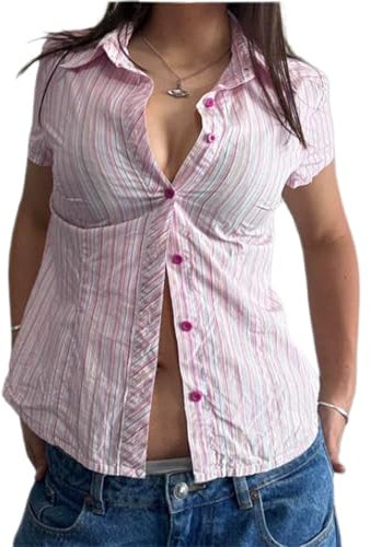 Yoisdtxc Women Striped Short Sleeve Blouse Fitted Collared Button-up Shirts Casual Summer Streetwear (Rose Red, M)