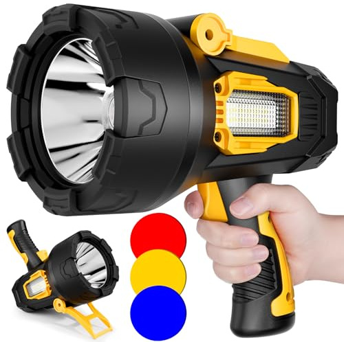 Rechargeable Spotlight, 99000 Lumens Super Bright Led Spotlights Flashlight with Cob Light & Foldable Tripod, 10000ɱAh Spot Lights Long Runtime, Handheld Spotlight for Hunting Boating Outdoor