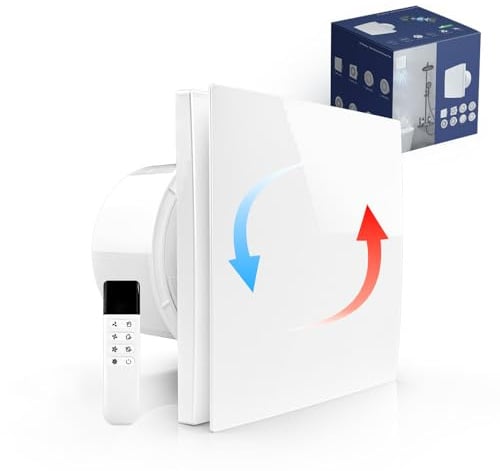 LINGGONGAIR Bathroom Extractor Fan 4, EC Reversible, 28dB, Remote Control | 10W EC reversible motor, 4 speeds, 28dB ultra-quiet, wall/glass mount, white. For bathroom, kitchen, office, living room.
