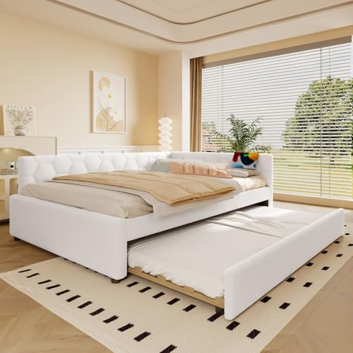 KOMHTOM Rembourré Canapé-lit avec Port de Charge et Lumière LED, Modernité Lit Double avec lit gigogne, Chambres à Coucher(sans Matelas) (Blanc, 140 x 200CM)