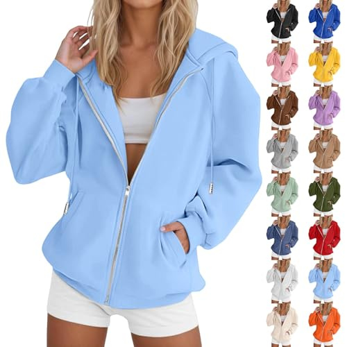 Uwdiohq Felpa Donna con Cappuccio e Zip Giacca Sportiva Leggero Hoodie Pile da Autunno Invernale Manica Cotone Manica Lunga Sweatshirt Aperto con Tasche Felpe Casual Classico Tinta Unita