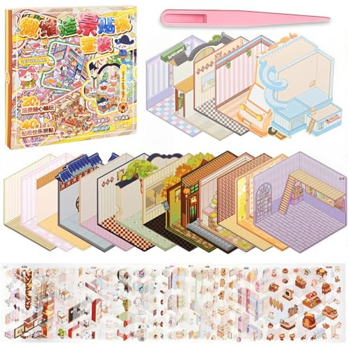 EduPlayte 20 Stück 3D House Stickers Scene Set, 3D DIY Aufkleber Landschaft Buch, Miniatur Haus Sticker, Stickerbuch Wiederverwendbar, Sticker Therapy, DIY-Aufkleber für Basteln, Relief Stress