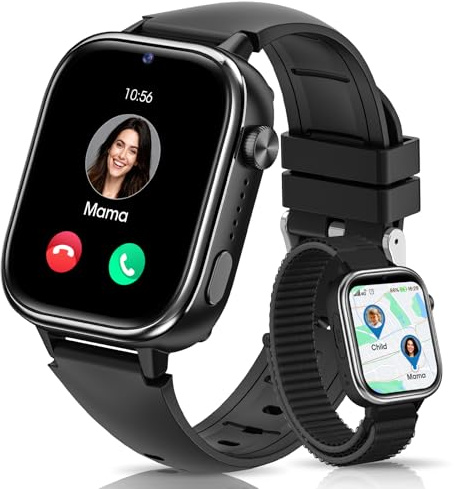 SWGOTA 4G Montre Connectée Enfant, Smartwatch avec GPS/Téléphone/Appels Vidéo/Chat Vocal/Messages/SOS/Mode École/Réveil/Appareil Photo/Podomètre/Moniteur Sommeil, Cadeau pour Garçons et Filles, Noir