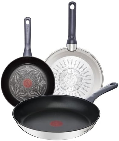 Tefal Daily Cook - Juego de 3 Sartenes 24/26/30 cm, Acero inoxidable | 3 Sartenes de 24/26/30 cm, Mango ergonómico, Revestimiento antiadherente, Apto inducción, Thermo-Signal, Cocción uniforme