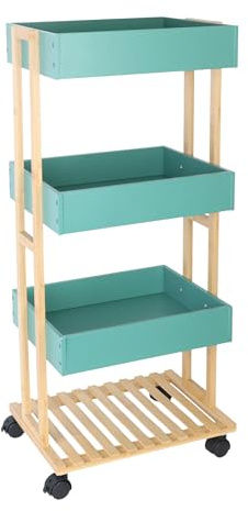 Relaxdays Servierwagen, Bambus & MDF, Küchenwagen mit 4 Etagen, Natur/Mint | Rollwagen, Küche & Bad, HBT: 88 x 40 x 30 cm
