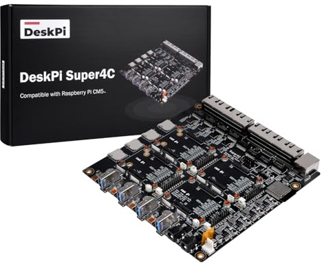 DeskPi Super4C für Raspberry Pi Compute Module 5, Cluster Mini-ITX Board Unterstützt 4 CM5, 2.5GbE + 1GbE Netzwerk, M.2 NVMe,1U-Rackmontage, inkl. 89W Netzteil