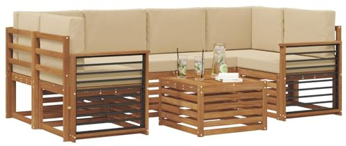 vidaXL Sofagarnituren 7 pcs Natur und Beige Massivholz Akazie, Garten-Sofa-Eckgarnitur, strapazierfähiges Lounge-Möbel, modernes Patio-Set für chilliges Terrassenleben