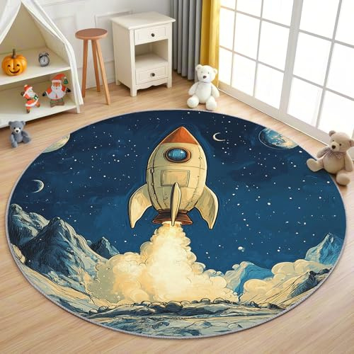 AevuCub Rakete Teppich Rund 120cm Kurzflor - Waschbare Teppiche Wohnzimmer Kinder Weltraum Raketen Motiv - Runder Teppich 120 Durchmesser - Bettvorleger Schlafzimmer rutschfest Weich